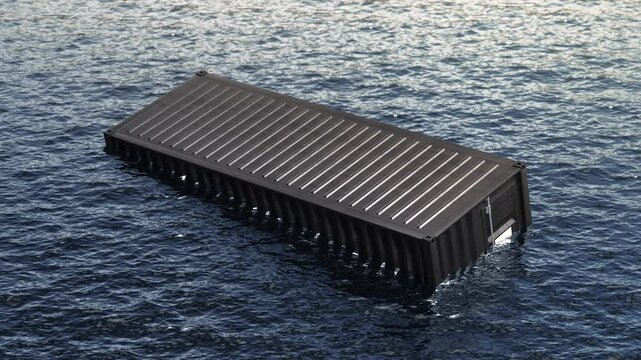 Metal cargo container floating in water, looped switch, 4k