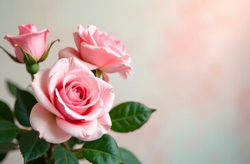 Fototapeta premium Pink roses, green leaves, pastel background Postcard design for Valentine's Day and Women's Day