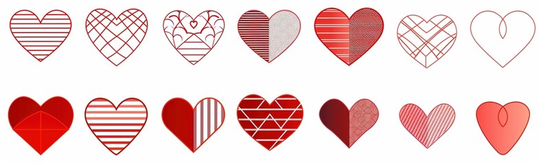 Valentine's Day heart icons in striking red on a pristine white background, showcasing an array of heart shapes and styles such as geometric forms, stripes, and intricate internal patterns. 