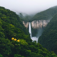 Fototapeta premium Majestic Waterfall in Lush Rainforest Misty Cliffs Yellow Orchid