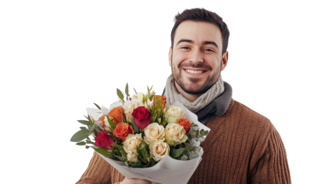 A young man smiling while holding a bouquet of colorful roses, wearing a cozy sweater and scarf, against a white isolated background.