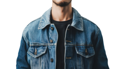 A young man wearing a denim jacket against a white isolated background, showcasing a casual and stylish look.