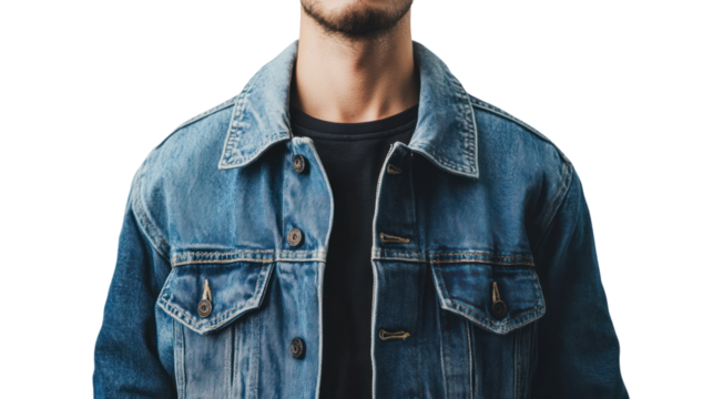 A young man wearing a denim jacket against a white isolated background, showcasing a casual and stylish look.