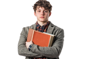 A young man with curly hair dressed in a stylish sweater, holding books close to his chest, exuding a studious and thoughtful demeanor.