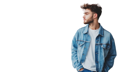 A young man with stylish hair, wearing a denim jacket and casual t-shirt, standing confidently with a thoughtful expression against a white background.