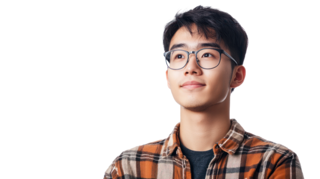 A young man with glasses wearing a plaid shirt, gazing thoughtfully while standing against a white background.