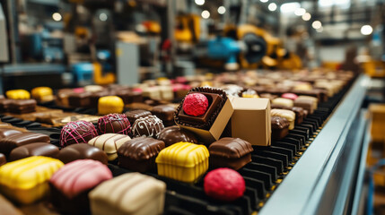Sweet factory, A high-fidelity image showcasing a sweet factory's packaging area featuring organized rows of products.