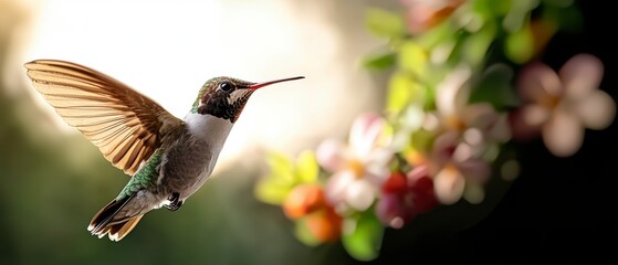 Fototapeta premium Hummingbird in Flight Colorful Flowers Nature Scene Wildlife Photography