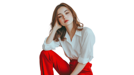 A young woman in a stylish pose, wearing a white shirt and red pants, exuding confidence and modern elegance against a white background.