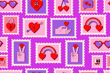 Seamless pattern about love with postage stamps. Pattern in retro style. Glasses, lock, cherries in shape ofheart, hands holding heart, eyes, speech bubble, rainbow, wedding ring, heart and arrow. 