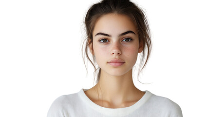 A young woman with a natural look, wearing a simple white shirt, captured against a white isolated background, portraying a calm expression.