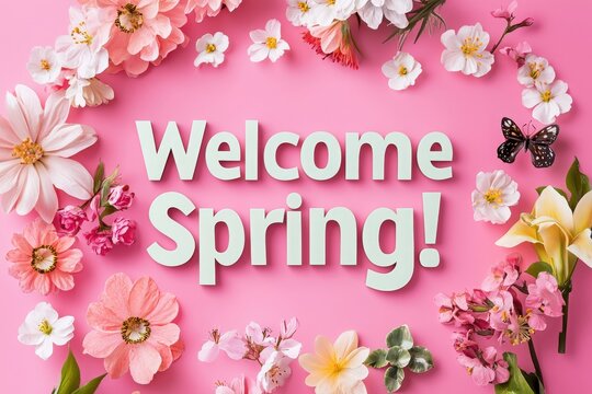 Brightly colored flowers surround the cheerful message welcoming spring on a pink background. The arrangement includes various blooms and a butterfly, creating a festive atmosphere.