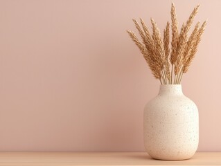 A simple vase with dried grass sits on a wooden surface against a soft pink wall, creating a minimalist and serene atmosphere.