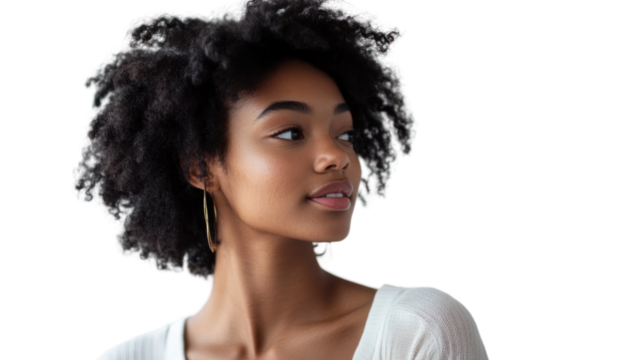 A young woman with curly hair gazes thoughtfully to the side, showcasing her natural beauty and confidence against a white isolated background.