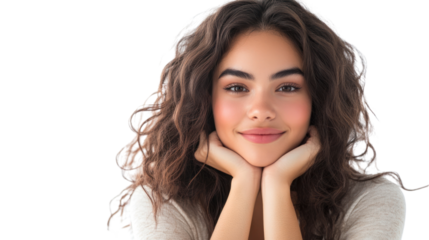 A young woman with curly hair smiling cheerfully, resting her chin on her hands, creating a warm and inviting atmosphere.