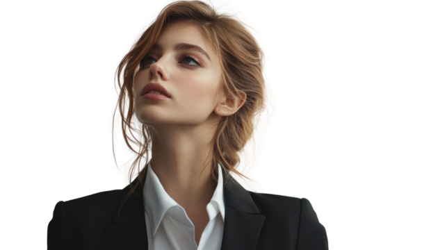 A young woman with stylish hair and a professional outfit, looking upwards confidently, ideal for corporate and motivational themes.