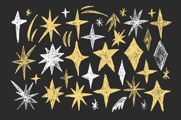 Vector sparkles stars doodle set. Crayon blings pack on chalkboard. Comets and futuristic blinking on night sky by chalk. Hand drawn by pencil illustration isolated on black background. © Syuzann q