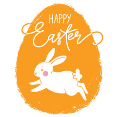 Happy Easter hand drawn egg background with cute rabbit. Colorful template Easter greeting card. Flat vector illustration.