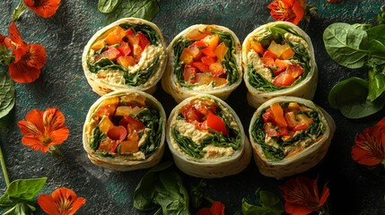 Fototapeta premium Roasted vegetable wraps filled with hummus spinach and peppers