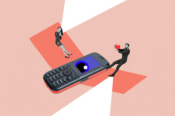 Photo cartoon comics sketch collage of two happy girl guy valentine old-fashioned phone present heart eyeball look antivirus app