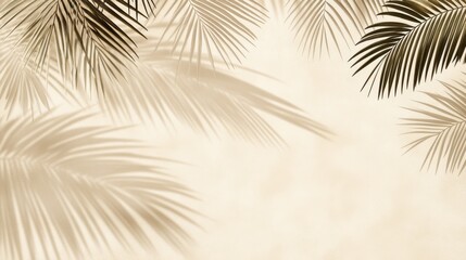 The intricate shadow of palm tree leaves gently falling on a beige background, evoking a serene and tropical ambiance