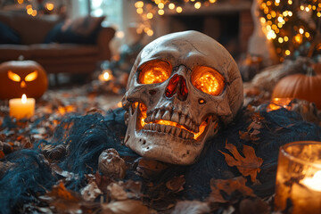 Mysterious Skeleton Among Autumn Decor With Warm Candlelight