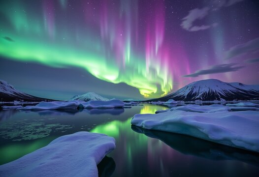 Aurora Borealis over Icy Lake: Purple, Blue, Green Lights, Icebergs, Snowy Mountains, Night Sky, Stunning Display, Natural Wonder, Reflections, Cinematic Scene.

