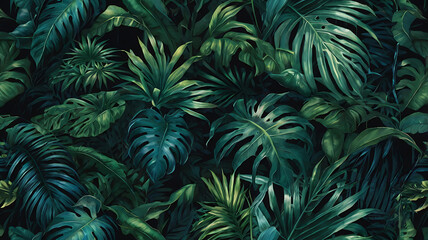 Artistic Tropical Leaves Wallpaper in Blue and Green Lighting, Evoking Tranquility