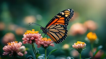 Monarch Butterfly on Pink Flowers in a Lush Garden