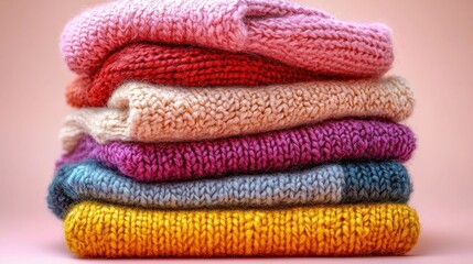 A Stack of Colorful Knitted Sweaters