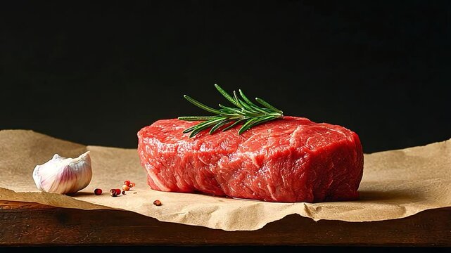 Fresh raw beef steak with garlic and rosemary on parchment