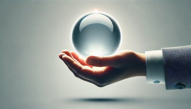 A hand holding a glowing crystal ball symbolizing foresight and strategy in a business concept.