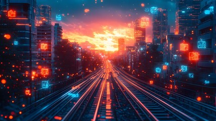 Fototapeta premium AI technology coordinating railway systems in a seamless and futuristic manner,