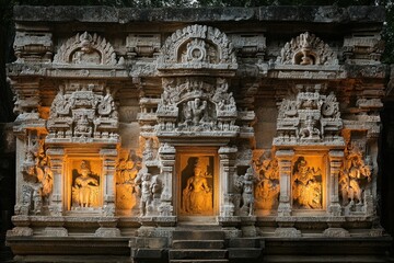 Obraz premium Intricate stone temple facade, ancient carvings.