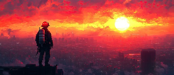 Fototapeta premium A lone firefighter stands atop a building, gazing at a fiery sunset over a cityscape.