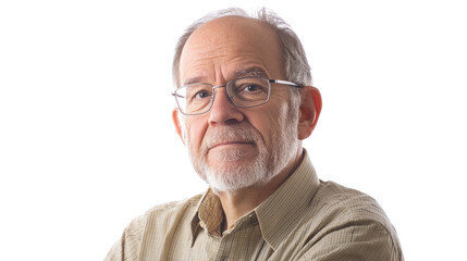 Obraz premium An elderly man with glasses and a thoughtful expression, dressed in a light-colored shirt, against a white isolate background.