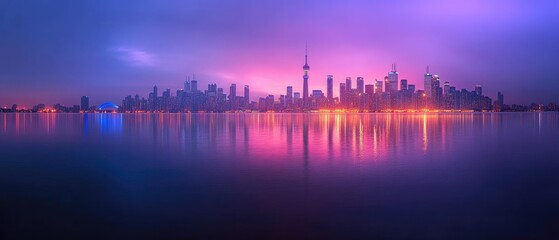 Fototapeta premium Cityscape skyline with colorful reflections at sunset.