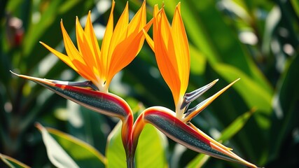 Obraz premium Exquisite Bird of Paradise Flowers - Detailed Textures, Natural Elegance, Bright Colors, High-Quality AI Photo