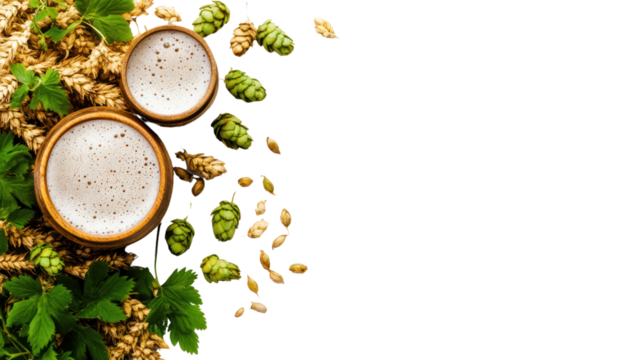 Artisan beer with hops and barley on a wooden table, capturing the essence of craft brewing. Perfect for beverage enthusiasts and breweries.