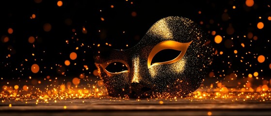 A glittering gold and black masquerade mask rests on a dark wooden surface, surrounded by sparkling lights. Concept for World Theatre Day