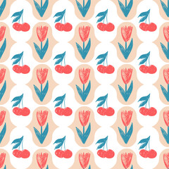Flowers crayon drawn seamless pattern. Floral coquette allover background. Damask botanic with cherry repeat backdrop. Surface pattern design spring ogee motif. Vector hand drawn illustration.