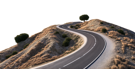 Curvy mountain road with greenery, cut out
