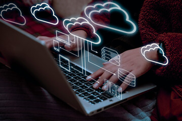 Cloud computing technology concept. Businessman shows cloud storage network technology icon, large...