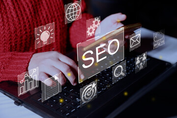SEO Search Engine, Businesswoman use laptop to analyze SEO search engine optimization for promoting...