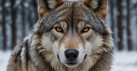 Fototapeta premium Close-up of a timber wolf's face in the midst of a snowy forest, animal close-up, wildlife photography, wolf face