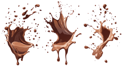 Chocolate splashes in various shapes, creating a dynamic and delicious pattern, perfect for food-related designs and marketing.