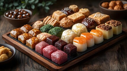 Traditional Ramadan desserts served on an elegant tray with warm tones,