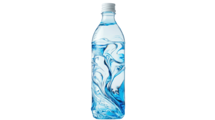 Clear plastic bottle filled with pure water, featuring a swirling motion of water inside, on a white isolated background.