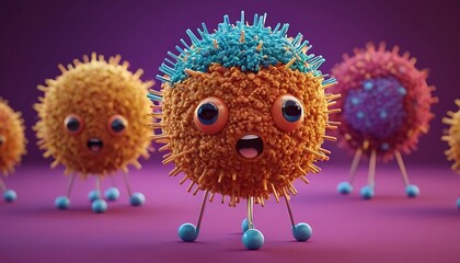 colorful cartoon personification virus with face. cute covid spike glycoprotein pathogen 3d render.concepts, cut out, death, illness, imagination, magnification, no people, photography, safety,2458