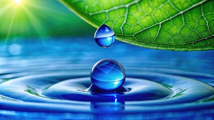 Close-up of a single blue drop falling from a leaf on a green stem, stem, leaves, plant, dropping, botanical